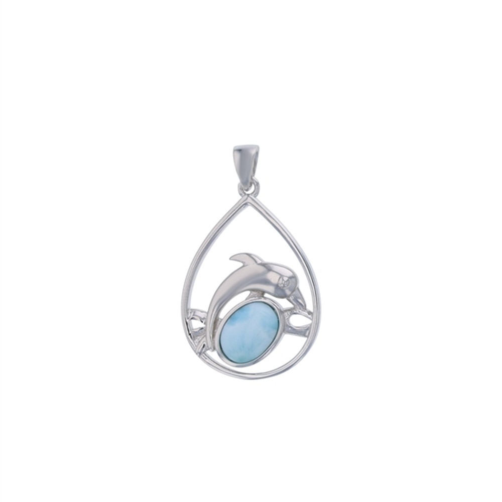 925 Sterling Silver Larimar Oval Shape w Plain Dolphin Cutout Teardrop Pendant